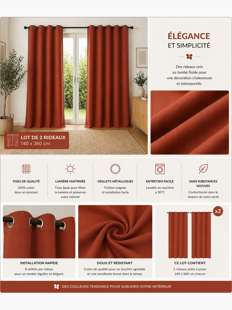 Lote de 2 cortinas 100% algodón prelavado – kala Terracota - Kiabi