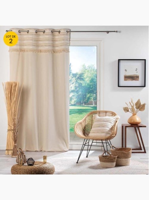 Lote de 2 cortinas filtrantes con ojales – algodón liso + banda rayada con flecos – atlas - Kiabi Lote de 2 cortinas filtrantes con ojales – algodón liso + banda rayada con flecos – atlas - Kiabi