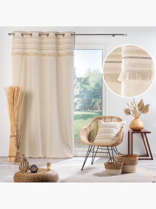 Lote de 2 cortinas filtrantes con ojales – algodón liso + banda rayada con flecos – atlas - Kiabi Lote de 2 cortinas filtrantes con ojales – algodón liso + banda rayada con flecos – atlas - Kiabi