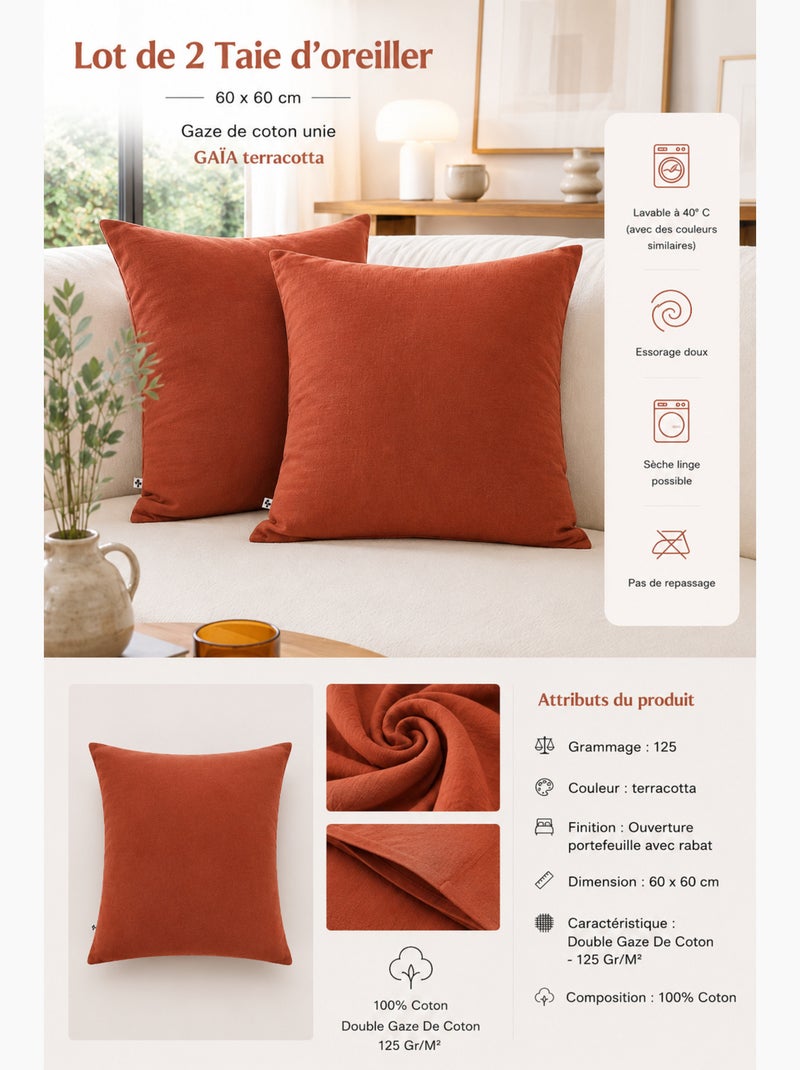Lote de 2 fundas de almohada – doble gasa de algodón – gaïa Terracota - Kiabi