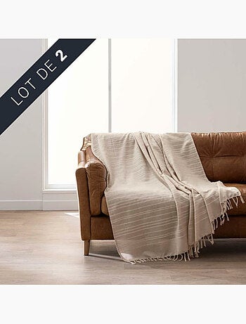Lote de 2 mantas lilia 180 x 220 cm – 100 % algodón – manta con flecos beige