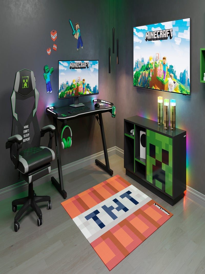 Lowboard TV con LED y pasacables - 4 nichos y puerta 'Roba' - Minecraft Negro Verde - Kiabi