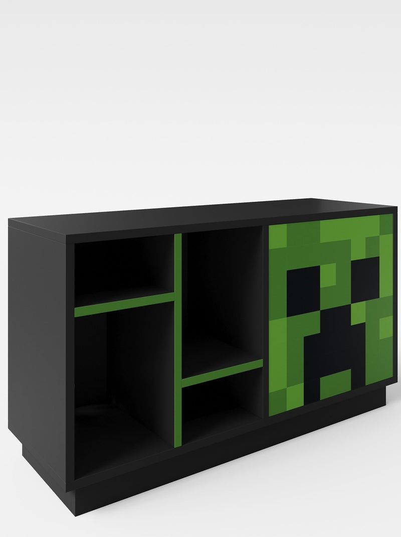 Lowboard TV con LED y pasacables - 4 nichos y puerta 'Roba' - Minecraft Negro Verde - Kiabi