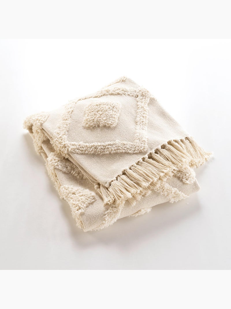 Manta bohemia empenachada con flecos Blanco roto - Kiabi