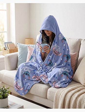 Manta con Capucha Franela Disney Stitch & Angel 2 Cute 120x150cm – All-Over Azul – 100% Poliéster –