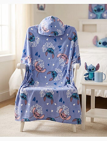 Manta con Capucha Franela Disney Stitch & Angel 2 Cute 120x150cm – All-Over Azul – 100% Poliéster –