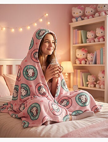 Manta con Capucha Franela Hello Kitty Club 120x150cm – Suave y Cálida – Licencia Oficial