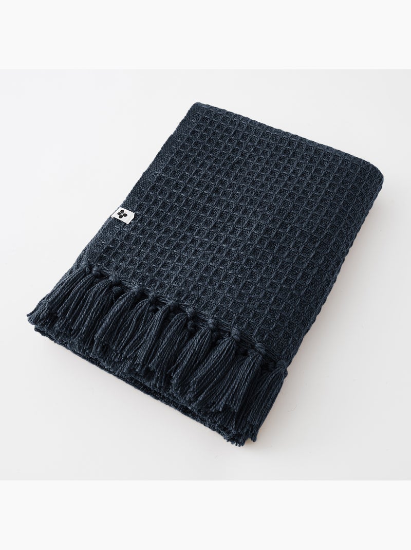 Manta con flecos - de fibras recicladas - suave y cálida — gabin Azul oscuro - Kiabi