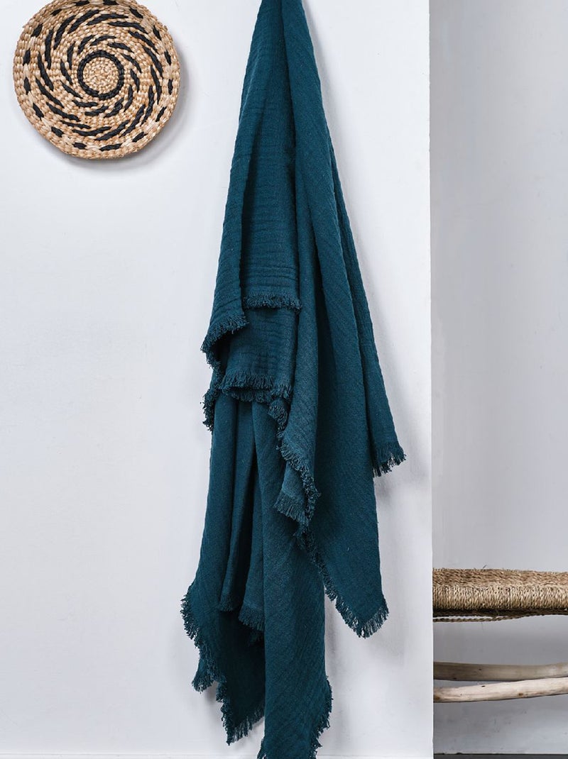Manta con flecos de gasa de algodón AZUL - Kiabi