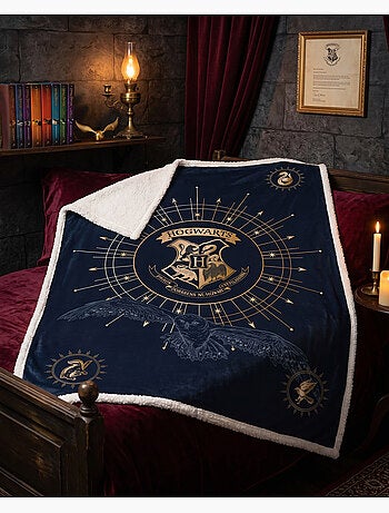 Manta Coral & Sherpa Harry Potter Hogwarts 130x170cm – Escudo Dorado – Licencia Oficial