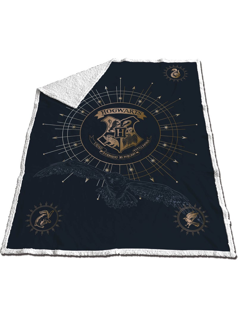Manta Coral & Sherpa Harry Potter Hogwarts 130x170cm – Escudo Dorado – Licencia Oficial Negro Azul - Kiabi