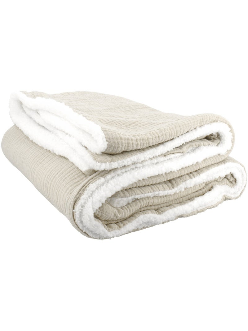 Manta de doble material de gasa de algodón y polar 130x170 cm Beige - Kiabi