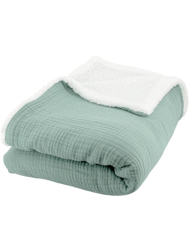 Manta de doble material de gasa de algodón y polar 130x170 cm Verde claro - Kiabi