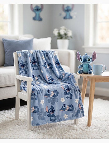 Manta Franela Disney Stitch 130x160cm – All-Over Flores Azul – 100% Poliéster – Licencia Oficial Dis