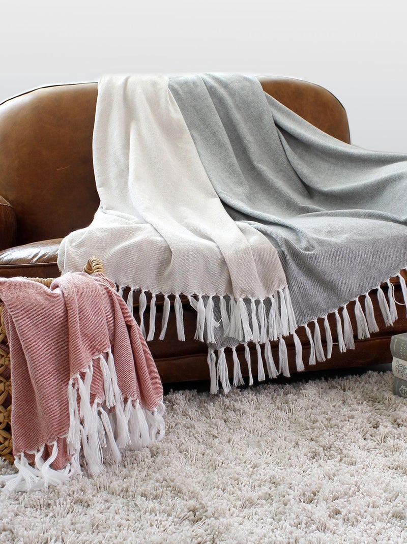 Manta jacquard con largos flecos Beige - Kiabi