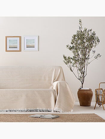 Manta Plaid, tejido texturizado de hilo tintado con relieve en nido de abeja, con flecos - Gamusi