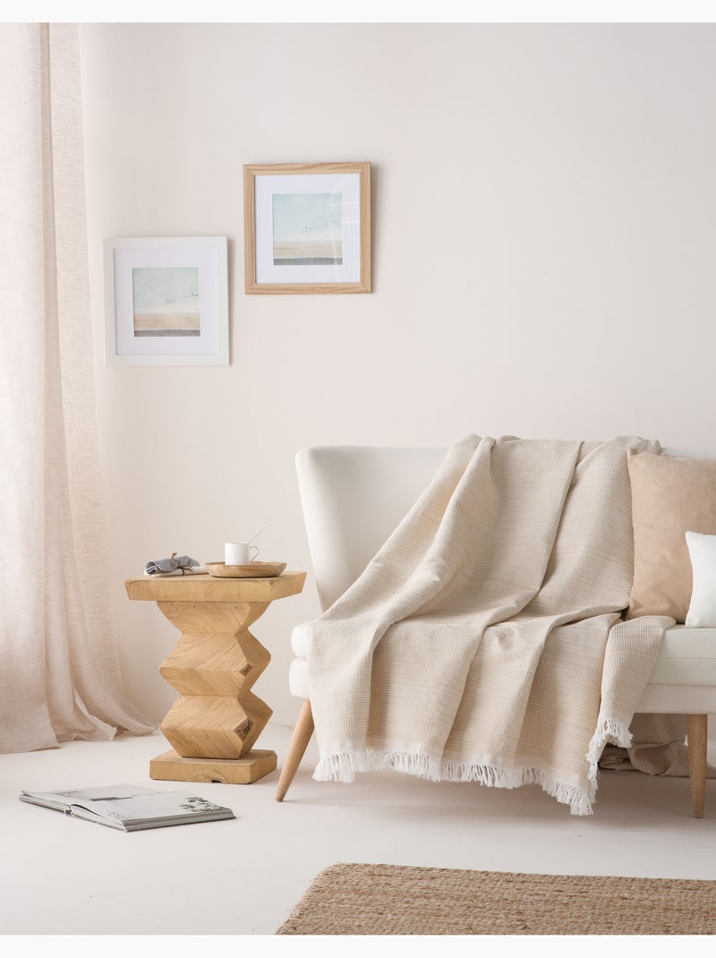Manta Plaid, tejido texturizado de hilo tintado con relieve en nido de abeja, con flecos - Gamusi Beige - Kiabi