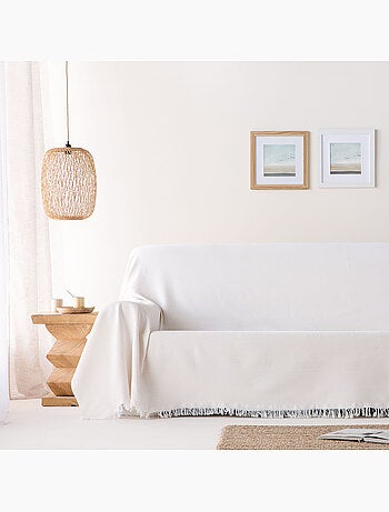 Manta Plaid, tejido texturizado de hilo tintado con relieve en nido de abeja, con flecos - Gamusi
