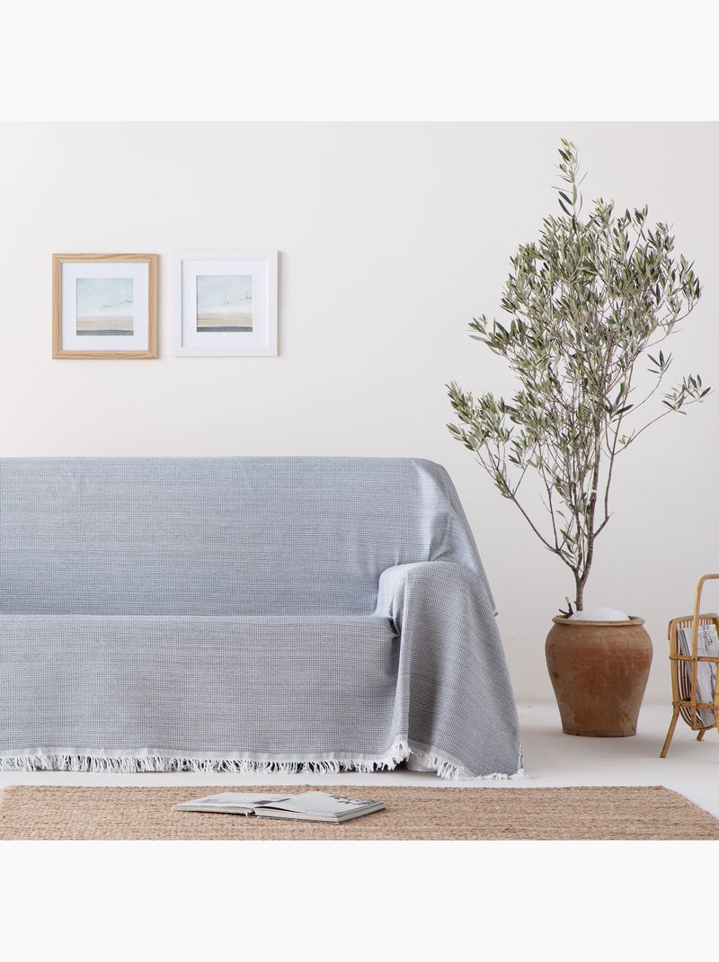 Manta Plaid, tejido texturizado de hilo tintado con relieve en nido de abeja, con flecos - Gamusi Gris - Kiabi