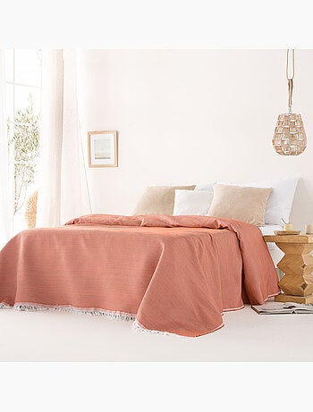 Manta Plaid, tejido texturizado de hilo tintado con relieve en nido de abeja, con flecos - Gamusi