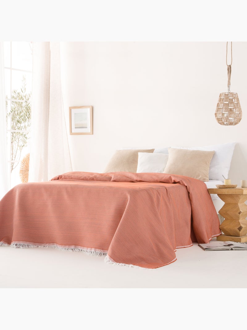Manta Plaid, tejido texturizado de hilo tintado con relieve en nido de abeja, con flecos - Gamusi Ladrillo - Kiabi