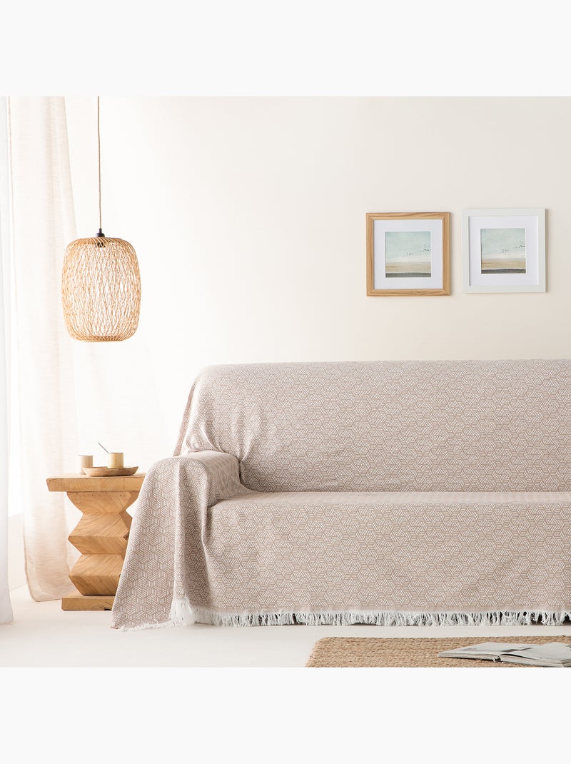 Manta tipo Plaid, tejido texturizado de hilo tintado, con flecos - Gamusi Beige - Kiabi