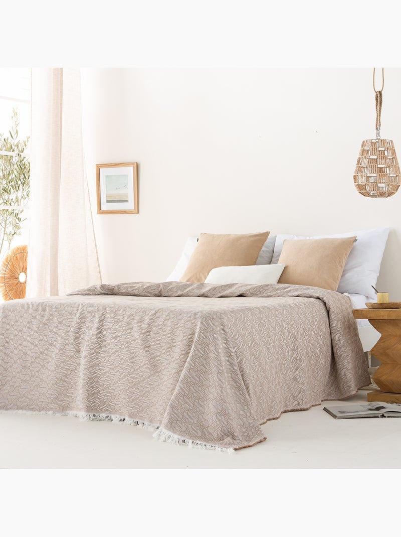Manta tipo Plaid, tejido texturizado de hilo tintado, con flecos - Gamusi Beige - Kiabi