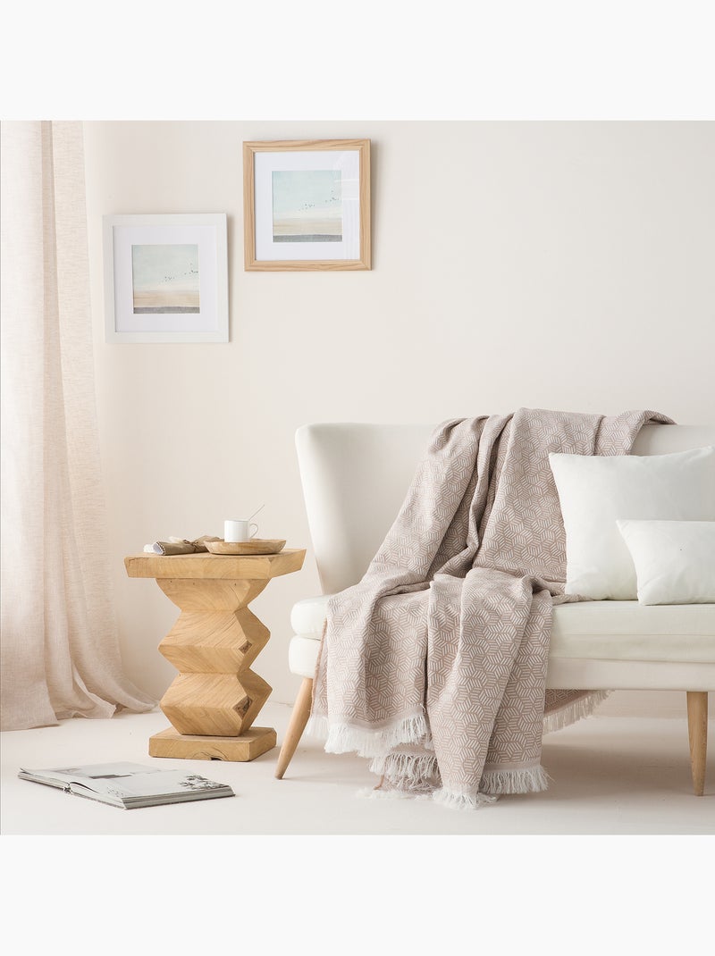 Manta tipo Plaid, tejido texturizado de hilo tintado, con flecos - Gamusi Beige - Kiabi