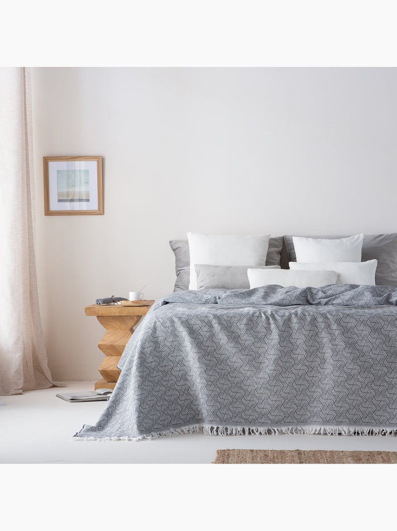 Manta tipo Plaid, tejido texturizado de hilo tintado, con flecos - Gamusi Gris - Kiabi
