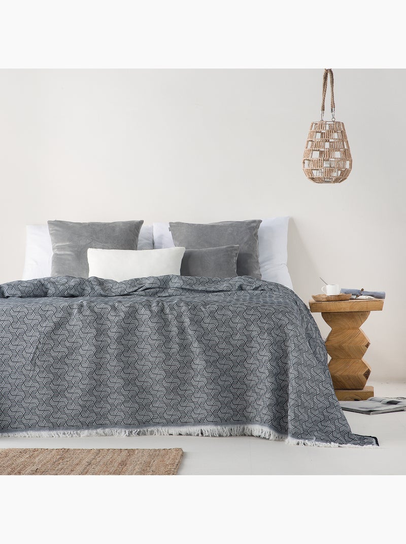 Manta tipo Plaid, tejido texturizado de hilo tintado, con flecos - Gamusi Negro - Kiabi