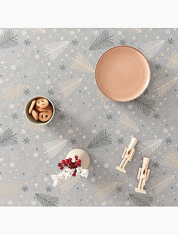 Mantel navidad algodón, abetos y estrellas relieve dorado - gamusi