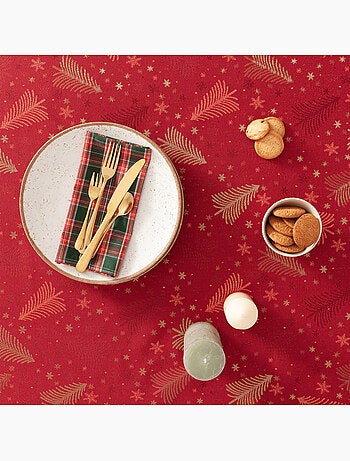 Mantel navidad algodón, abetos y estrellas relieve dorado - gamusi