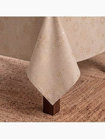 Mantel navidad algodón, copos de nieve relieve dorado - gamusi