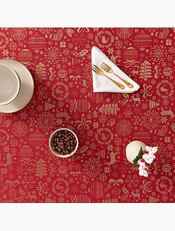 Mantel navidad algodón, motivos navideños relieve dorado - gamusi