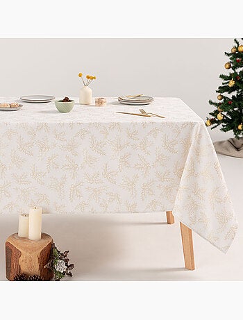 Mantel navidad algodón, ramas de acebo relieve dorado - gamusi