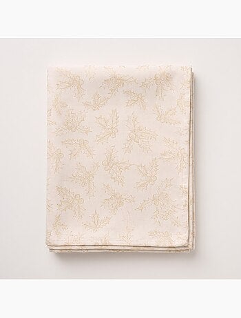Mantel navidad algodón, ramas de acebo relieve dorado - gamusi