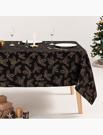 Mantel navidad algodón, ramas de acebo relieve dorado - gamusi