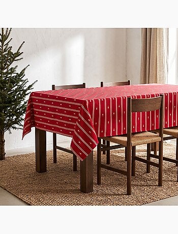Mantel navideño de rayas dobles con hilo lurex y abetos bordados en relieve - gamusi.