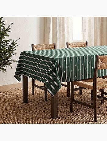 Mantel navideño de rayas dobles con hilo lurex y abetos bordados en relieve - gamusi.