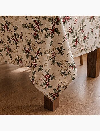 Mantel navideño tacto lino natural con estampado de acebo - gamusi.