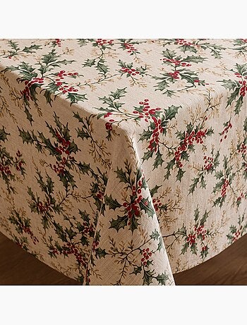 Mantel navideño tacto lino natural con estampado de acebo - gamusi.