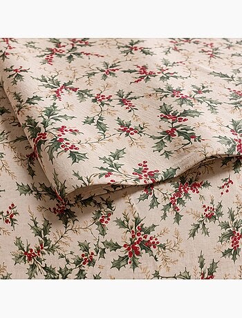 Mantel navideño tacto lino natural con estampado de acebo - gamusi.