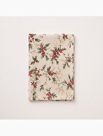 Mantel navideño tacto lino natural con estampado de acebo - gamusi.