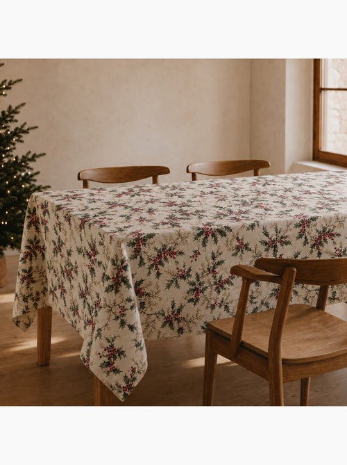 Mantel navideño tacto lino natural con estampado de acebo - gamusi. - Kiabi