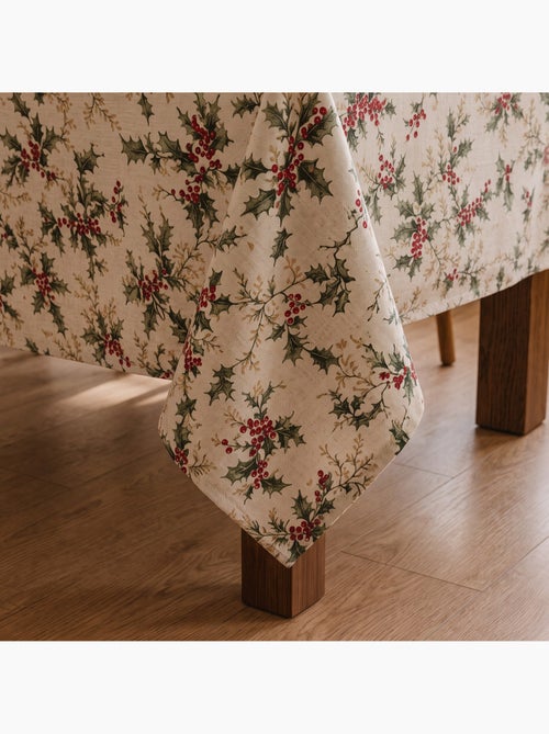 Mantel navideño tacto lino natural con estampado de acebo - gamusi. - Kiabi
