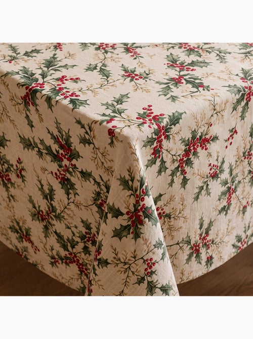 Mantel navideño tacto lino natural con estampado de acebo - gamusi. - Kiabi