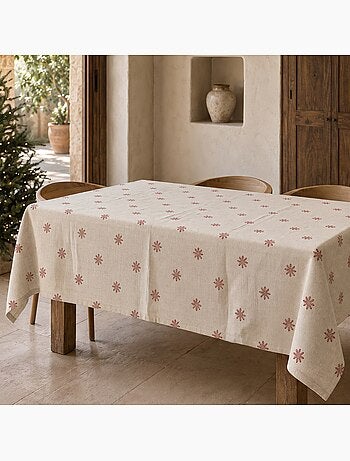 Mantel navideño tacto lino natural con estampado de copos de nieve - gamusi.