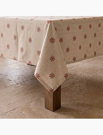 Mantel navideño tacto lino natural con estampado de copos de nieve - gamusi.