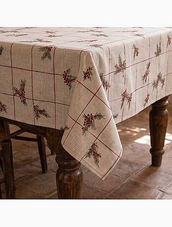 Mantel navideño tacto lino natural con estampado de cuadros - gamusi.