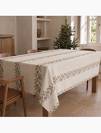 Mantel navideño tacto lino natural con estampado de guirnalda navideña - gamusi.